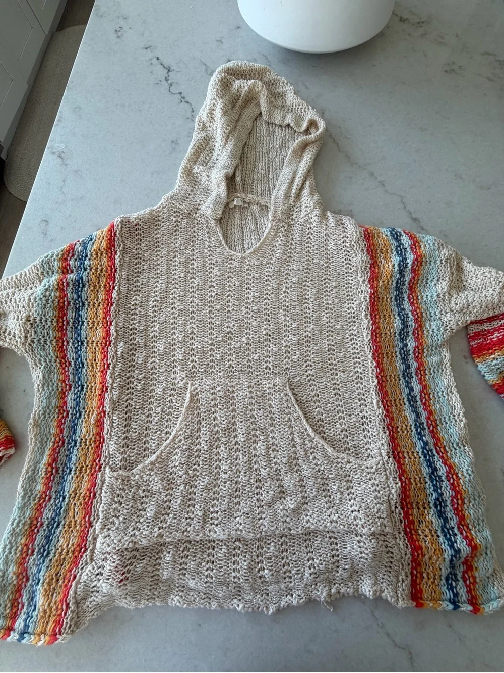 EASEL Cream Multicolor Stripe Open Knit Sweater Hoodie! S - Picture 4 of 7